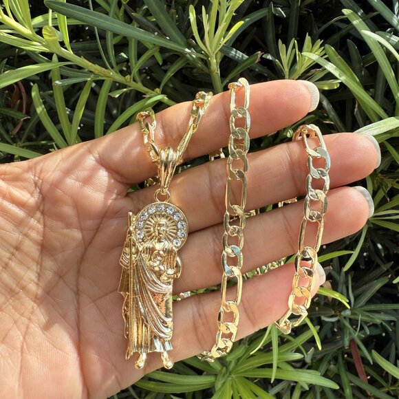 St Jude Thaddeus Pendant Necklace 14K Gold Plated Religious Figaro 20x4mm - Picture 2 of 4